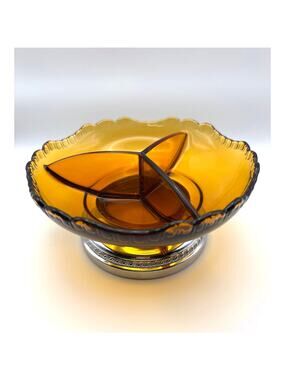 Farber Bros Krome-Kraft Amber Divided Bowl, Chrome Plate Stand Barware 1970s